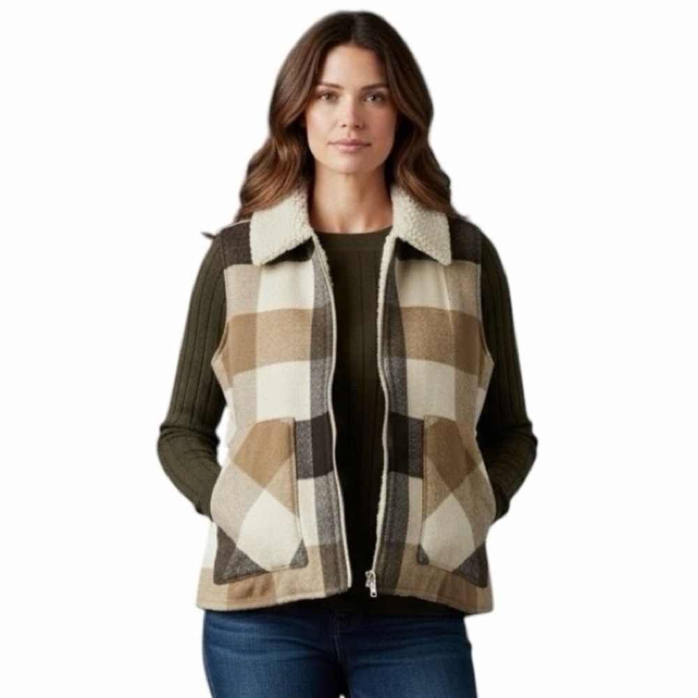 NWT/Sanctuary/Brown Plaid Sherpa-Lined Collared Vest/Size: L